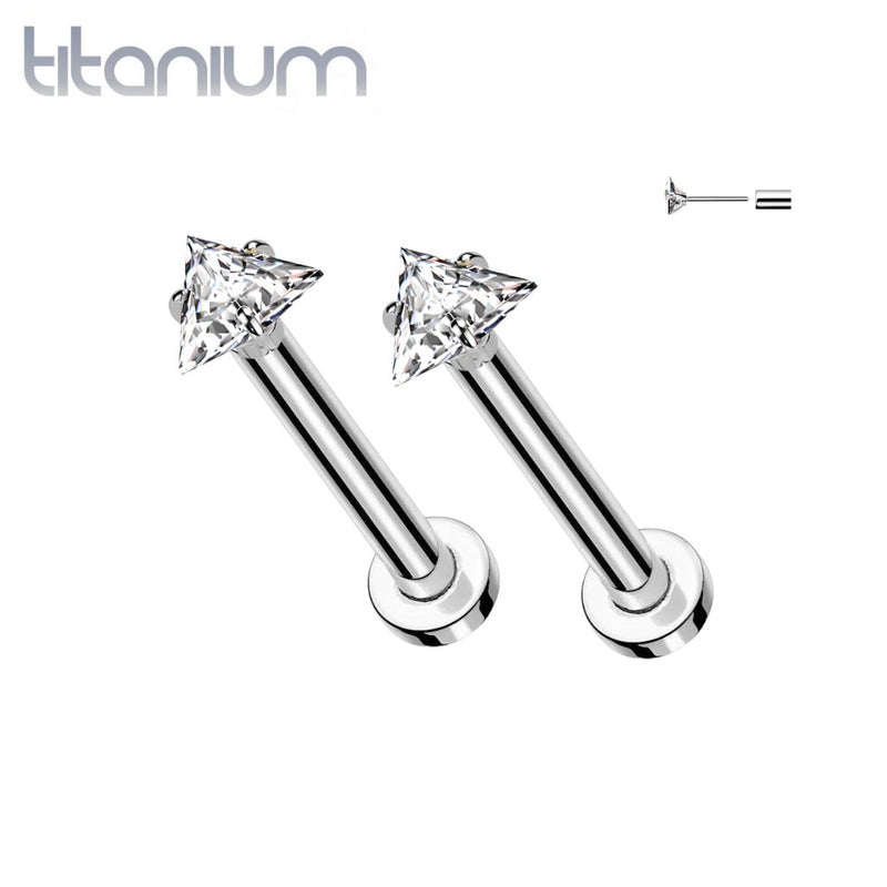 Pair of Implant Grade Titanium White CZ Triangle Gem Threadless Push In Earrings With Flat Back - Pierced Universe