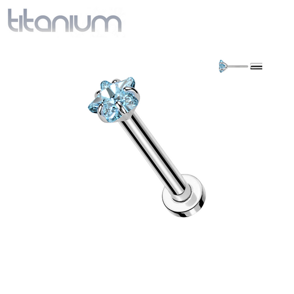 Implant Grade Titanium Threadless Push In Aqua CZ Star Nose Ring With Flat Back - Pierced Universe