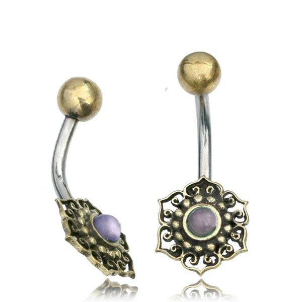 316L Surgical Steel & Brass Lotus Flower with Purple Moon Stone Belly Ring - Pierced Universe