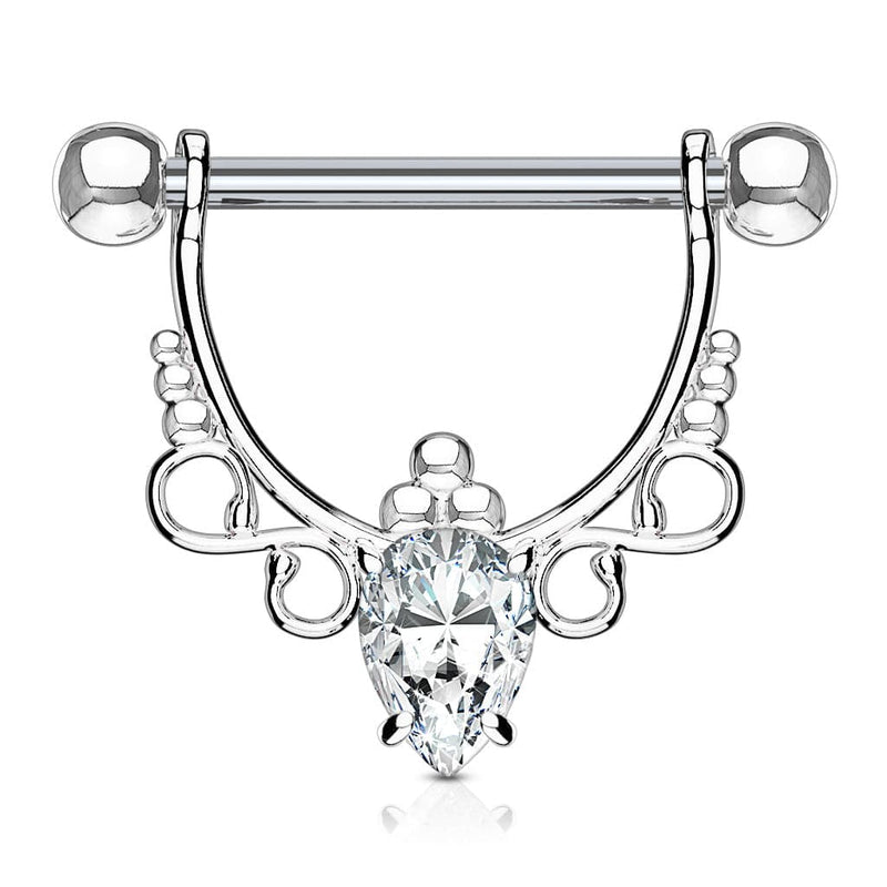316L Surgical Steel with White Pear CZ Dangle Nipple Ring Barbell - Pierced Universe