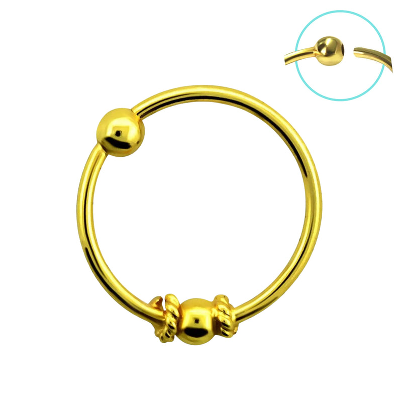 925 Sterling Silver 18kt Gold Plated Tribal Beaded Nose Hoop Ring - Pierced Universe