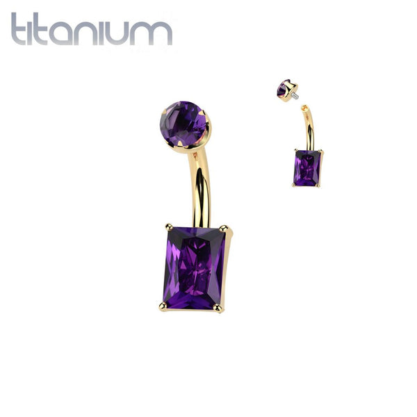Implant Grade Titanium Gold PVD Amethyst Stone Rectangle Internally Threaded Belly Ring