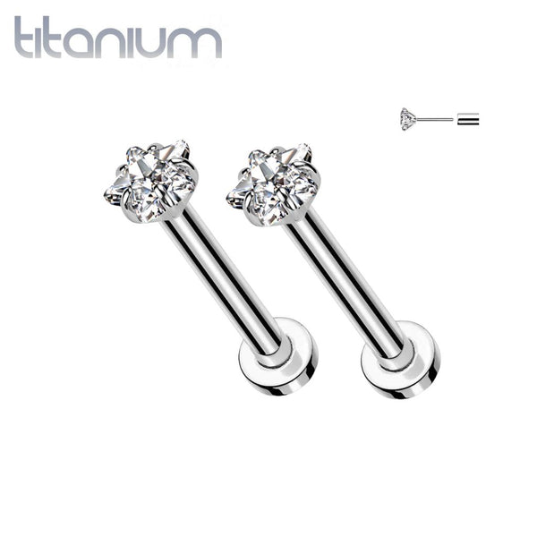 Pair of Implant Grade Titanium Small Dainty White CZ Star Push In Earrings With Flat Back - Pierced Universe