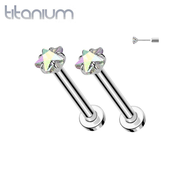 Pair of Implant Grade Titanium Small Dainty Aurora Borealis CZ Star Push In Earrings With Flat Back - Pierced Universe