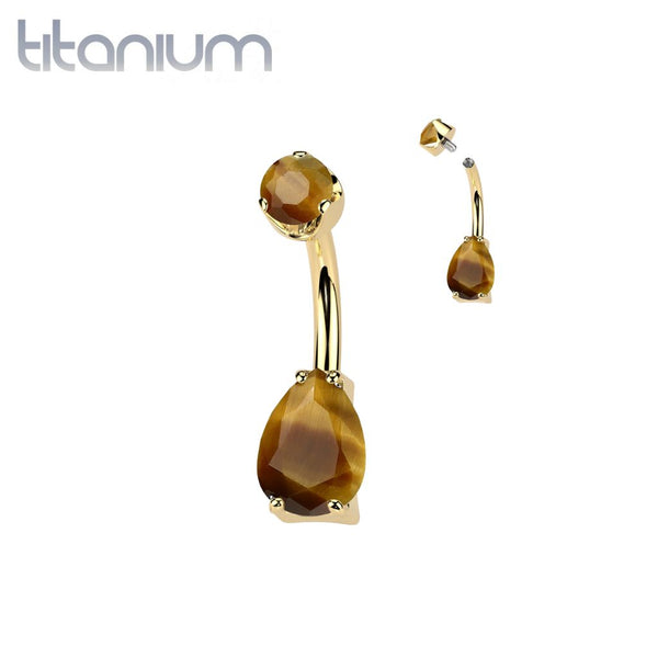 Implant Grade Titanium Gold PVD Tiger's Eye Stone Teardrop Internally Threaded Belly Ring - Pierced Universe