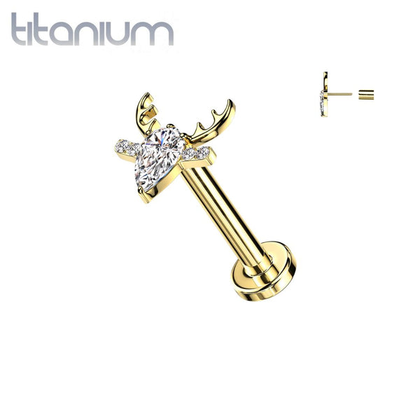 Implant Grade Titanium Threadless Gold PVD White CZ Deer Push In Labret With Flat Back