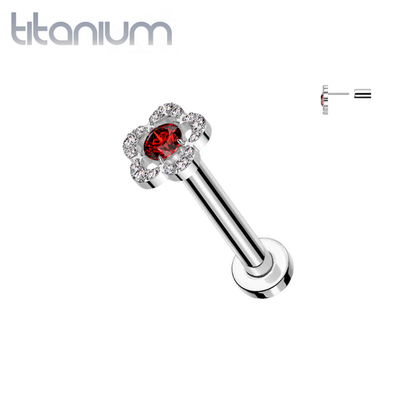 Implant Grade Titanium Threadless Large White & Red CZ Petal Flower In Labret With Flat Back