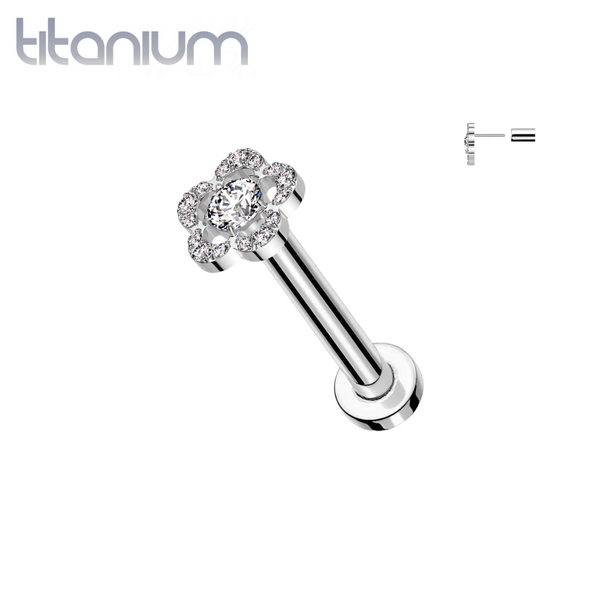 Implant Grade Titanium Threadless Large White CZ Petal Flower In Labret With Flat Back