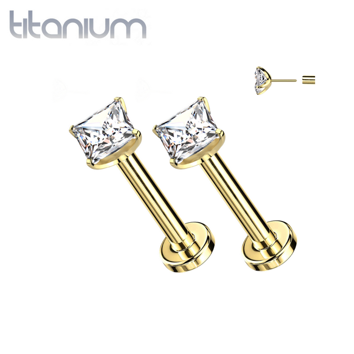 Pair Of Implant Grade Titanium Gold PVD Square White CZ Gem Threadless Push In Earring Studs With Flat Back - Pierced Universe