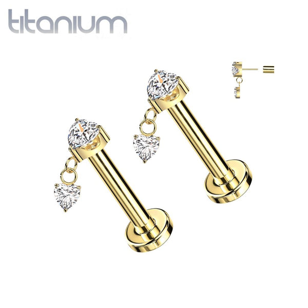 Pair of Implant Grade Titanium Gold PVD White CZ Heart Shaped Gem Dangly Threadless Push In Earrings With Flat Back