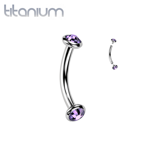 Implant Grade Titanium Tanzanite CZ Bezel Internally Threaded Curved Barbell