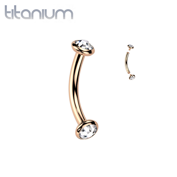 Implant Grade Titanium Rose Gold PVD White CZ Bezel Internally Threaded Curved Barbell