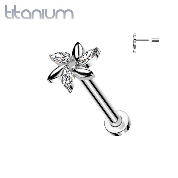 Implant Grade Titanium White CZ Marquise Flower Design Threadless Push In Labret - Pierced Universe