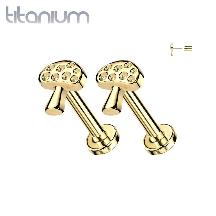 Pair of Implant Grade Titanium Gold PVD Threadless Mushroom Push In Earrings With Flat Back - Pierced Universe