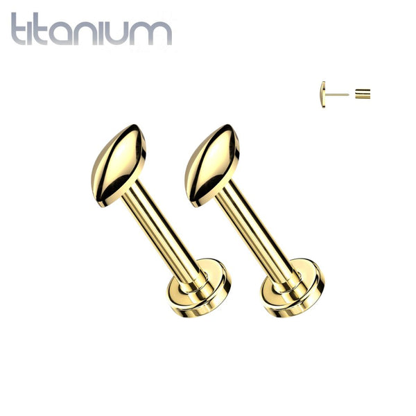 Pair of Implant Grade Titanium Gold PVD Minimal Marquise Threadless Earring Studs with Flat Back