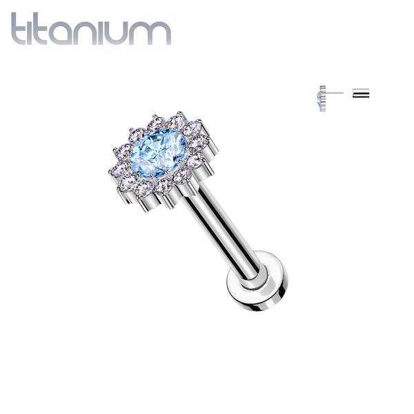 Implant Grade Titanium Aqua CZ Large Sunflower Threadless Labret With Flat Back - Pierced Universe