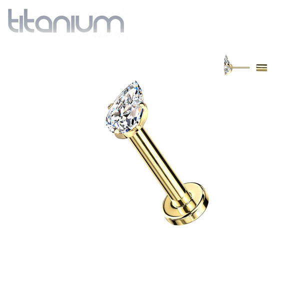 Implant Grade Titanium Gold PVD White CZ Teardrop Gem Threadless Labret With Flat Back - Pierced Universe