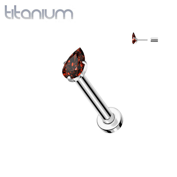 Implant Grade Titanium Red CZ Teardrop Gem Threadless Labret With Flat Back - Pierced Universe
