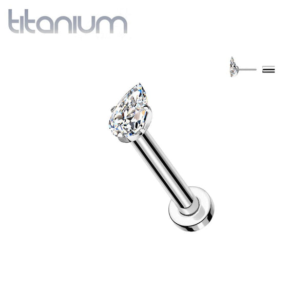 Implant Grade Titanium White CZ Teardrop Gem Threadless Labret With Flat Back - Pierced Universe