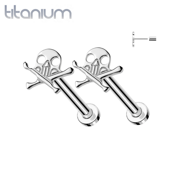 Pair of Implant Grade Titanium Gold PVD Skull and Crossbones Push In Threadless Earrings With Flat Back - Pierced Universe