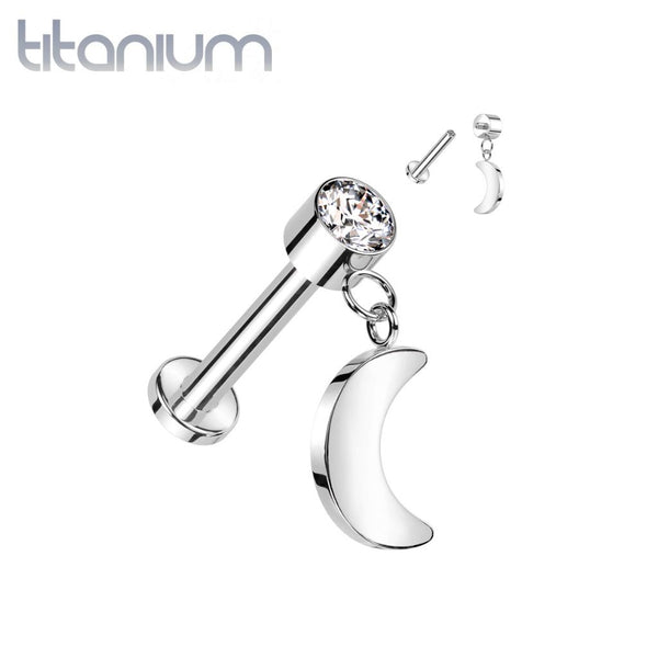 Implant Grade Titanium White CZ Crescent Moon Dangle Flat Back Labret - Pierced Universe