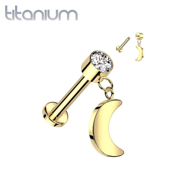 Implant Grade Titanium Gold PVD White CZ Crescent Moon Dangle Flat Back Labret - Pierced Universe