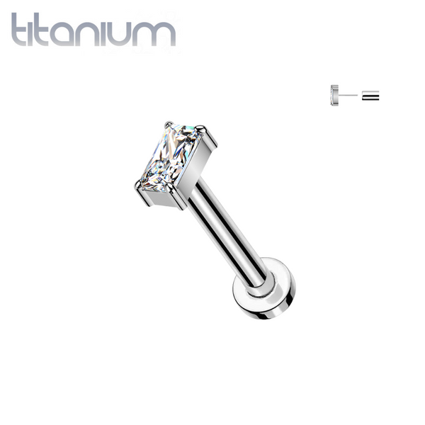 Implant Grade Titanium White CZ Baguette Rectangle Gem Threadless Labret With Flat Back - Pierced Universe