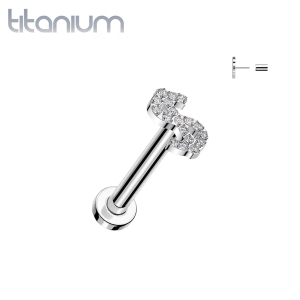 Implant Grade Titanium White CZ Money Dollar Sign Threadless Labret With Flat Back - Pierced Universe