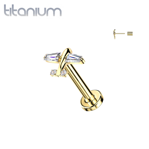 Implant Grade Titanium Gold PVD White CZ Airplane Threadless Labret With Flat Back - Pierced Universe