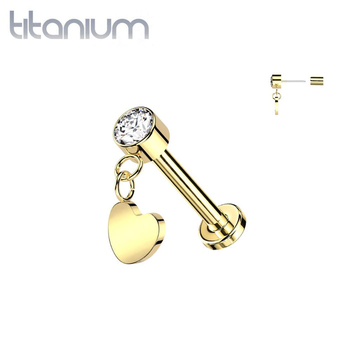 Implant Grade Titanium Gold PVD White CZ Heart Dangle Threadless Push In Labret - Pierced Universe