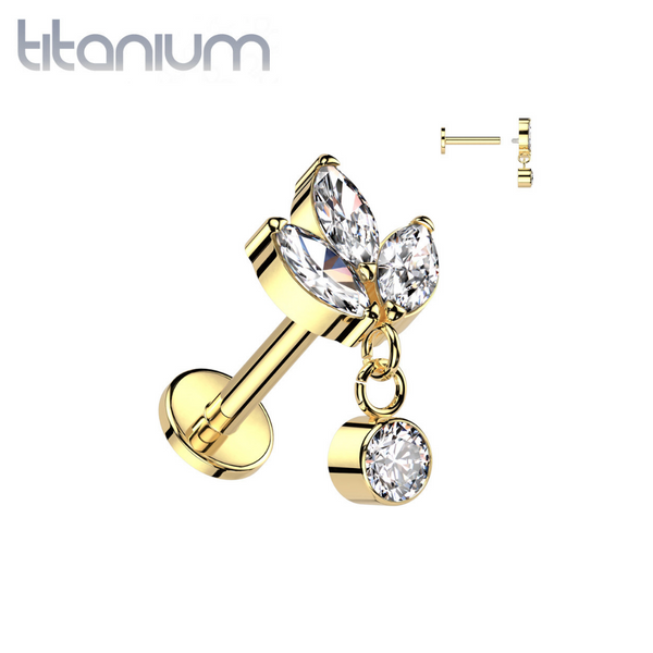 Implant Grade Titanium Gold PVD Triple Petal Flower White CZ Gem Dangle Flat Back Labret - Pierced Universe