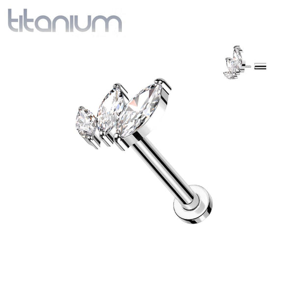 Implant Grade Titanium Triple Marquise CZ Curved Threadless Push In Labret - Pierced Universe