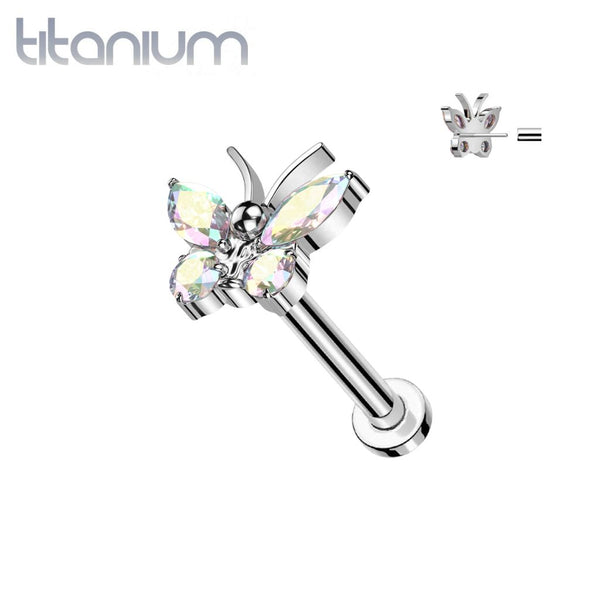 Implant Grade Titanium Large Aurora Borealis CZ Gem Butterfly Threadless Push In Labret - Pierced Universe