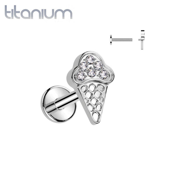 Implant Grade Titanium White CZ Ice Cream Internally Threaded Flat Back Labret - Pierced Universe