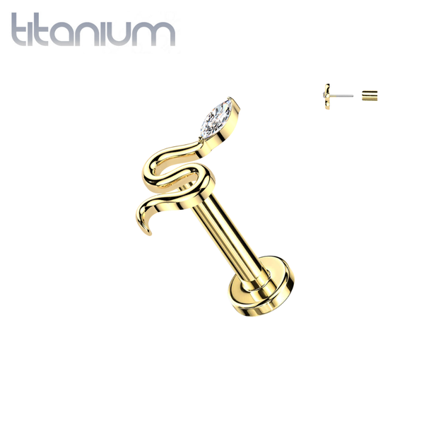 Implant Grade Titanium Gold PVD White CZ Snake Threadless Labret With Flat Back - Pierced Universe