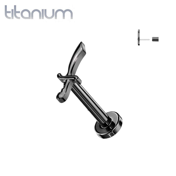 Implant Grade Titanium Black PVD Threadless Push In Dainty Sword Dagger Top Labret With Flat Back Implant Grade Titanium Black PVD Threadless Push In Dainty Sword Dagger Top Labret With Flat Back