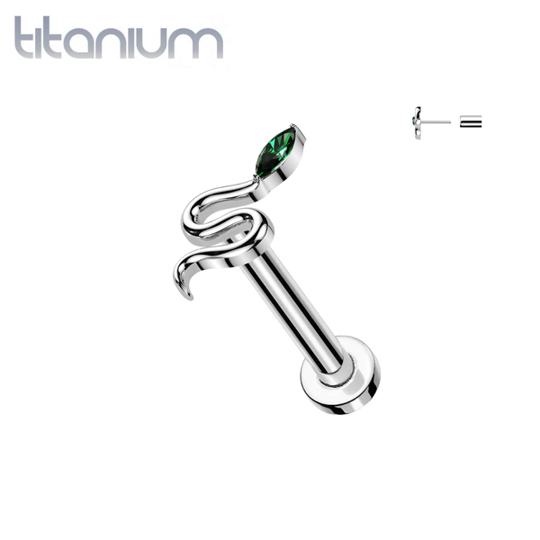 Implant Grade Titanium Emerald Green CZ Snake Threadless Labret With Flat Back - Pierced Universe