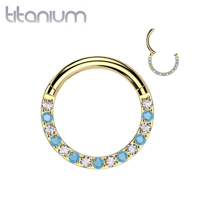 Implant Grade Titanium Gold PVD Aqua White CZ Pave Hinged Clicker Hoop - Pierced Universe