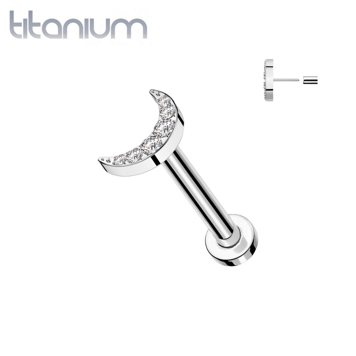 Implant Grade Titanium Large White CZ Crescent Moon Threadless Push In Labret - Pierced Universe