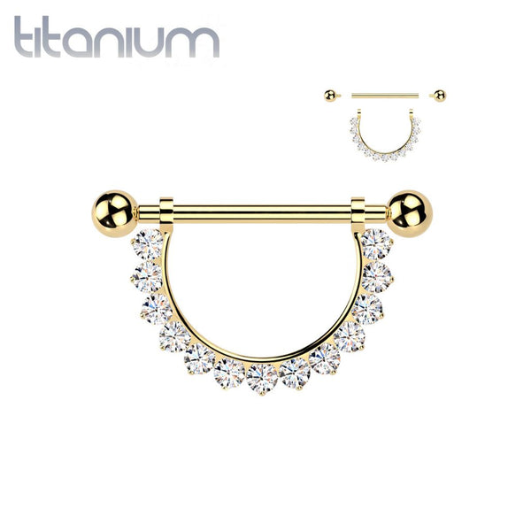 Implant Grade Titanium Gold PVD White CZ Nipple Shield Internally Threaded Straight Barbell