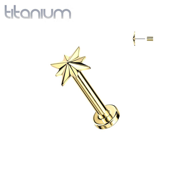 Implant Grade Titanium Gold PVD Large Starburst Ridged Push In Threadless Labret With Flat Back