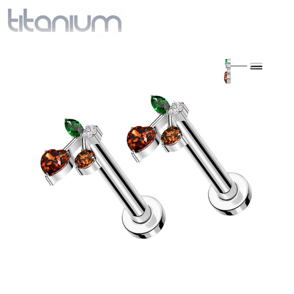 Pair of Implant Grade Titanium Red CZ Heart Cherry Cute Push In Threadless Earrings With Flat Back - Pierced Universe