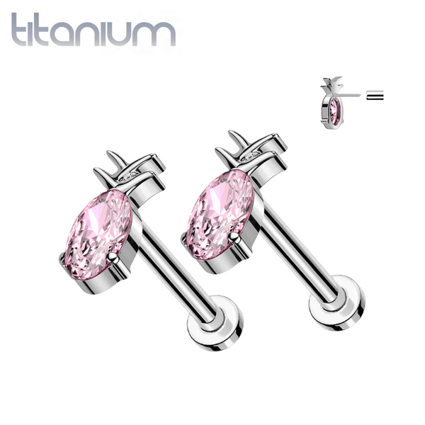 Pair of Implant Grade Titanium Pink CZ Gem Pineapple Threadless Push In Earrings With Flat Back