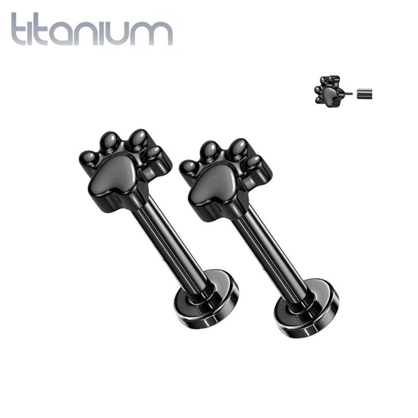 Pair of Implant Grade Titanium Black PVD Paw Print Push In Earrings With Flat Back - Pierced Universe