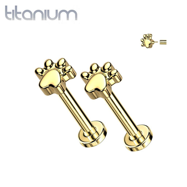 Pair of Implant Grade Titanium Gold PVD Paw Print Push In Earrings With Flat Back - Pierced Universe