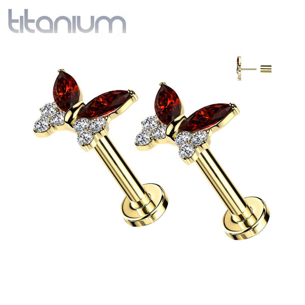 Pair of Implant Grade Titanium Gold PVD Red & White CZ Butterfly Push In Threadless Earrings With Flat Back - Pierced Universe