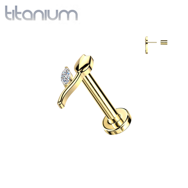 Implant Grade Titanium Gold PVD White CZ Tulip Flower Push In Threadless Labret With Flat Back