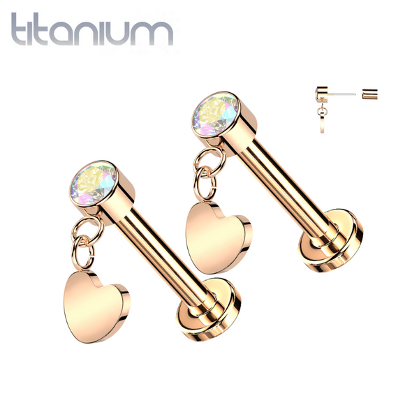 Pair of Implant Grade Titanium Rose Gold PVD AB CZ Heart Dangle Threadless Push In Earrings With Flat Back - Pierced Universe