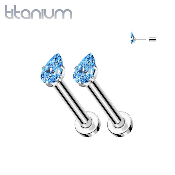 Pair of Implant Grade Titanium Aqua CZ Teardrop Gem Push In Earrings With Flat Back - Pierced Universe