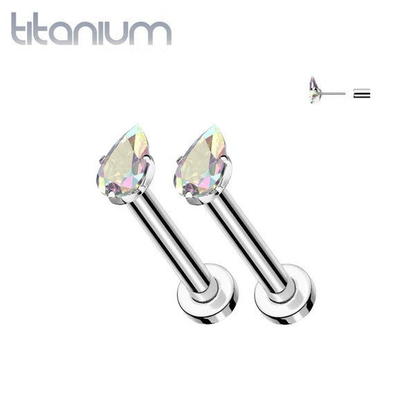 Pair of Implant Grade Titanium Aurora Borealis CZ Teardrop Gem Push In Earrings With Flat Back - Pierced Universe